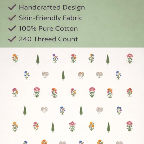 Image of elanorhomes 100% Cotton King Size Bedsheet, 240 TC Soft Breathable Bed Sheet with 2 Pillow Covers, Floral Hand Printed Cotton Bedsheet for Double Bed, Machine Washable, 90x108 inch (Gulzaar)