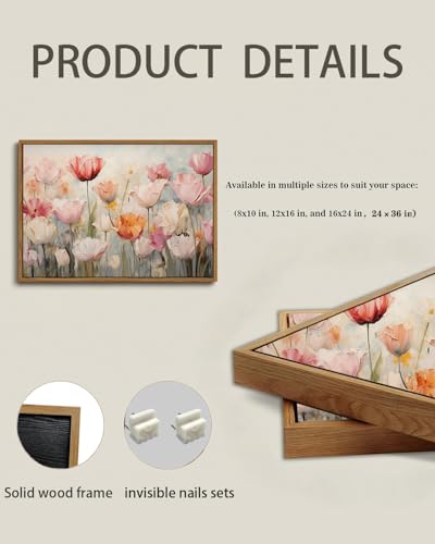 Image of KISSFOX Vintage Framed Wall Art Decor Rustic Blush Tulips Flowers Pictures Wall Decor Colorful Botanical Canvas Art Prints Farmhouse Still Life Paintings Artwork For Bedroom Kitchen Living Room