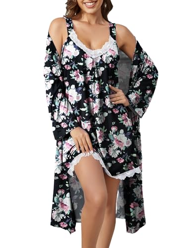 ENJOYNIGHT Women's Robes Set Sexy V-Neck 2 Piece Lingerie Nightgown With Robes Pajama Set Lace Cami Sleepwear