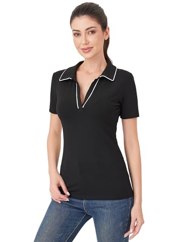 AmélieBoutik Women Collared V Neck Short Sleeve Polo Shirt Knit