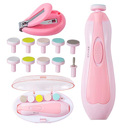 Baby Nail File Electric Nail Trimmer Manicure Set with Nail Clippers, Toes Fingernails Care Trim Polish Grooming Kit Safe for Infant Toddler Kids or Women, LED Light and 10 Grinding Heads (Blue/Pink)