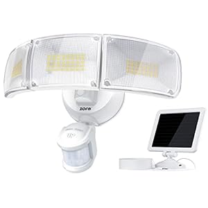 ZOFO Solarlampen voor buiten, met bewegingsmelder, 2300 lumen, led-zonnelamp, buitenlamp met 3 verstelbare koppen op zonne-energie, buitenlamp met bewegingsmelder, 5000 K, IP65 waterdicht, met kabel van 16,5 ft