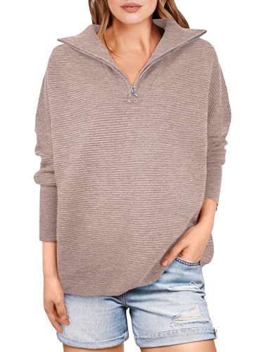 ANRABESS Women Quarter Zip Oversized Casual Loose Rib Knit Cozy