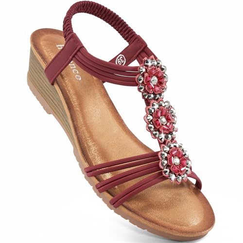 Image of HARENCE Wedge Sandals for Women Dressy: Comfortable Elastic Ankle Strap Low Heel Open Toe Flower Summer Shoes