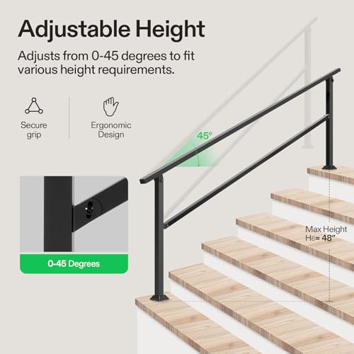 Image of VIVOSUN Outdoor Handrail, 6 Step Stair Handrail, 83 inch x 36 inch Fits 1 to 6 Steps, Wrought Mattle Iron Handrail for Concrete Steps, Porch Steps, One-Step Assembly, Black