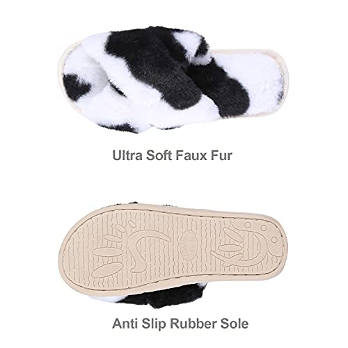 Criss Cross Fluffy Faux Fur Slippers Open Toe Slides Soft Warm Plush Furry Fuzzy Slip On Sandals House Shoes for Women2