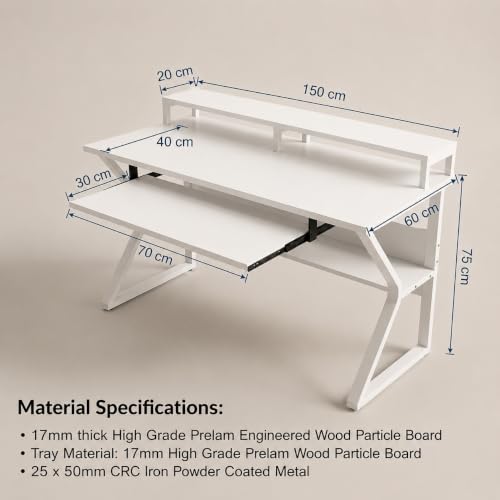 Image of TEKAVO Plik Computer Table for Home Pc | Office Table for Home | Shelf, Moniter Riser & Keyboard Tray, Laptop Table, Worktable, Study Table, Workstation | Whitewood, Metal, (150 Cm x 60 Cm) DIY
