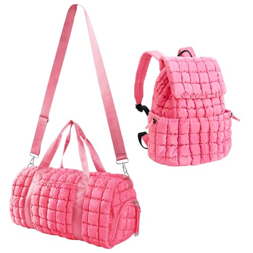 Quilted Travel Duffle Bag Gym Bag&Quilted Backpack Purse for Women,Large Puffer Duffle Weekender Bag Lightweight Puffer Puffy College Laptop Backpack with Compartment for Travel Gym Airplane(Pink)