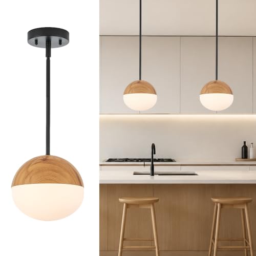 ELYONA Milk Glass Globe Pendant Light, Natural Wood Grain Metal Modern Hanging Light Fixture, Adjustable Pendant Lamp for Kitchen Island, Dining Room, Bedroom, Living Room, Hallway