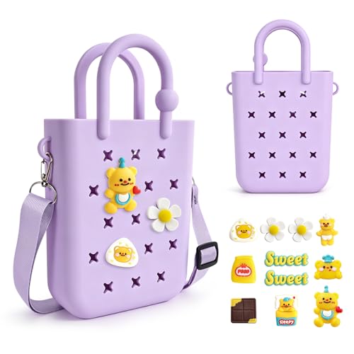 Image of Juyeesm Mini Rubber Beach Bag with Strap & Charms, Waterproof EVA Beach Bag for Girls, Small Rubber Tote Bag for Women