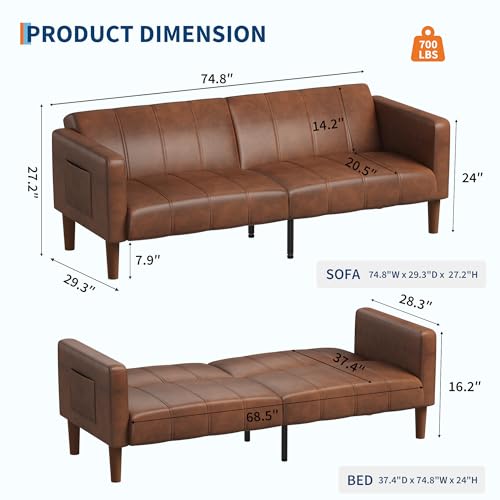Image of GarveeHome Futon Sofa Bed, 75-Inch Modern Faux Leather Convertible Couch, Mid-Century Loveseat for Small Space, Living Room, Bedroom, Brown