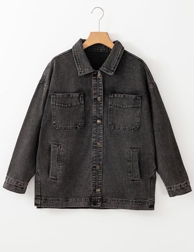 Womens Oversized Button Down Denim Jacket Long Sleeve Boyfriend Jean Shacket Jacket Coat with Pockets4