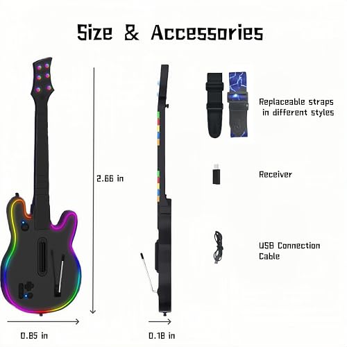 Image of Lyvix Wireless Guitar Hero Controller with RGB Lighting, Compatible with PS4 /PS3 /PC, Supports Guitar Hero 3 /4 /5, Rock Band 1 /2, Clone Hero, Fortnite Festival, Lightning Strap & Audio Jack - Black Lightning