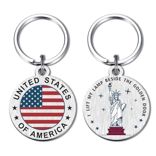 ABNTY Patriotic Stainless Steel Keychain - American Flag and Statue of Liberty Design