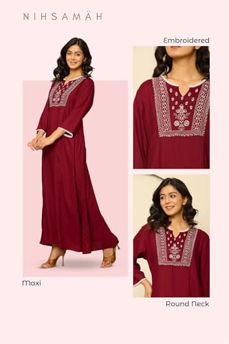 Image of NIHSAMAH Viscose Nighty for Women, Embroidered & Printed Stylish Night Gown, Long Sleeve Comfortable Sleepwear Long Nightwear, Maxi