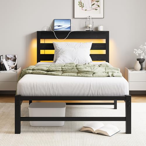 VERFARM Struttura letto 90 x 200 cm con LED, letto in metallo con stazione di ricarica USB e testiera in legno con vano portaoggetti, letto singolo per ragazzi con rete a doghe in metallo, facile da