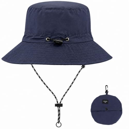 Image of RubyTint Waterproof Navy Blue Bucket Hat Women & Men, Foldable Wide Brim Sun Rain Hat with Adjustable Windproof Cord, Quick-Dry Outdoor for Hiking, Fishing, Travel, Beach & Camping