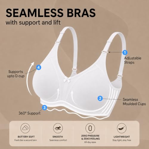 Image of INKURV Seamless Bra for Women Full Coverage | Cotton Hosiery T-Shirt Brassiere - Non Padded Wireless Lift for Everyday Wear| Moulded Cups for Chest Lifting- SAGE