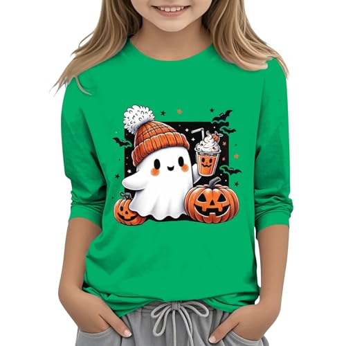 2025 Halloween Shirts for Teen Girls Cute Ghost Pumpkin Graphic Tee Kids 3/4 Sleeve Crewneck Top Casual Cotton Summer Clothes