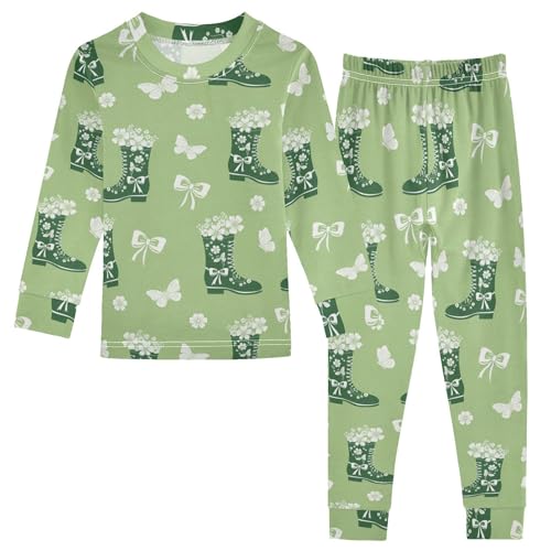 Pajama Sets Long Sleeve Green Boots Bow Flowers Soft Comfy Sleepwear 2 Piece PJS 3-8T