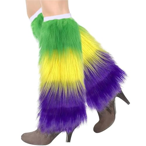 Aiosy St. Patricks Day Fur Leg Warmers Mardi Gras Furry Leg Warmers Long Boot Cuff Covers Rave Costume Accessories for Women (Green-Yellow-Purple)