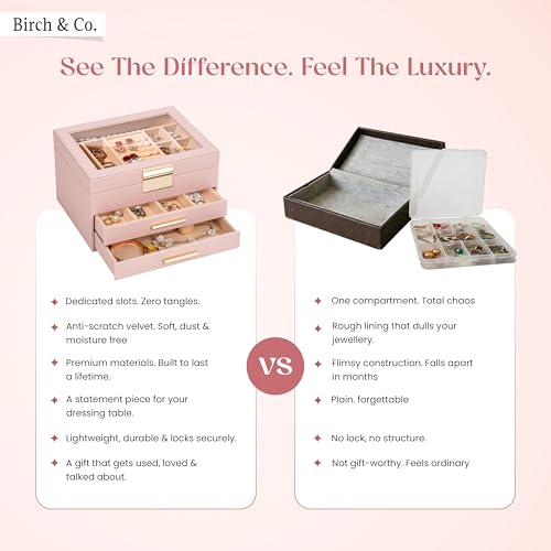 Image of Birch & Co. Jewellery Box - 3 Layer Jewellery organizer storage box, Portable Travel-Friendly Storage. Elegant Super Premium Storage Case for Rings, Earrings, Necklaces & Bracelets, Blush