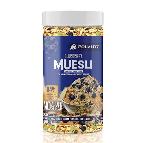 Image of Equalite Blueberry Muesli I Dry fruits I Muesli I Fruit and Nuts I No added sugar I Granola I High protein I Breakfast I Healthy food I Protein food I Gluten Free |No preservatives | High fiber | Omega-3 | High Minerals & Vitamins |Weight loss food I Equalite foods | 350g