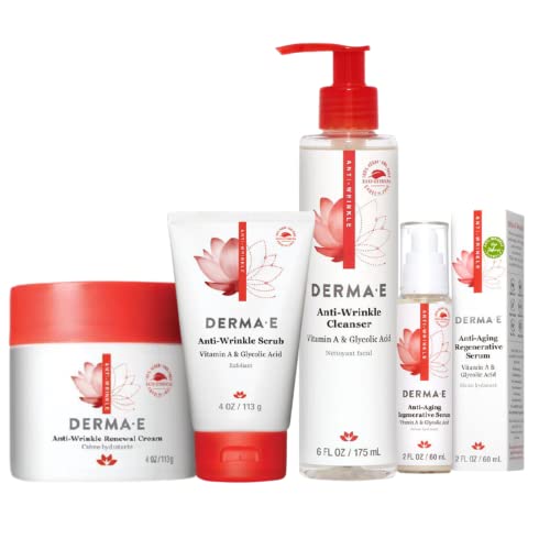 DERMA E Anti-Wrinkle Skincare Set â 4 Piece Anti-Aging Skincare Bundle - Anti-Wrinkle Renewal Skin Cream, Anti-Wrinkle Scrub With Glycolic Acid, Anti-Wrinkle Cleanser, and Anti-Wrinkle Night Serum