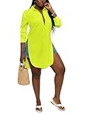LYANER Women's Collar V Neck Button Front Long Sleeve Slit Hem Long Shirt Blouse Tops Neon Yellow Medium