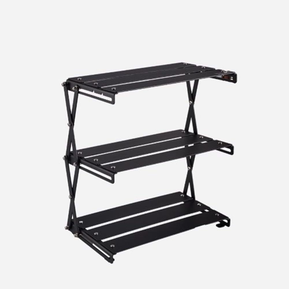 Scaffale portatile a 3 strati per campeggio all'aperto, mensola pieghevole in metallo picnic barbecue, per organizer compatto nero con borsa per il trasporto