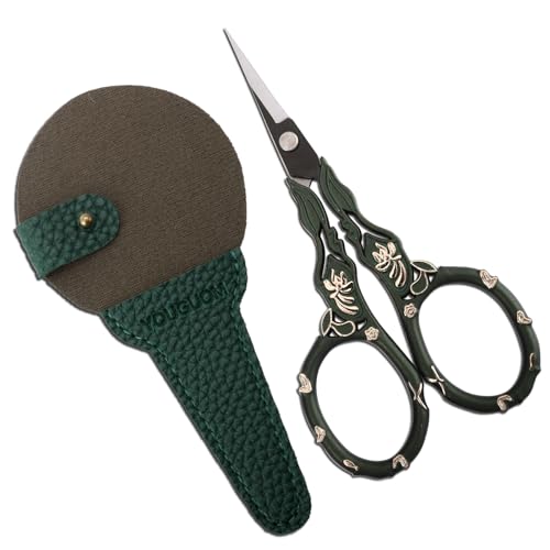 YOUGUOM Vintage Needlework Scissors with Cover, Small Sewing Scissors for Embroidery Craft Cross Stitch Crochet Yarn, Detail Thread Shears Sharp Snips Green