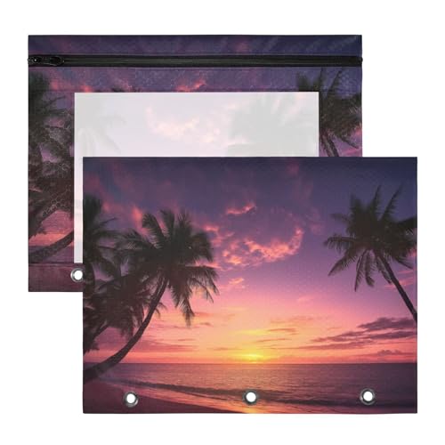 KEEPREAL Pacote com 2 bolsas de fichário de palmeiras do pôr do sol do oceano com zíper e janela transparente - Acessórios de fichário de 3 anéis à prova d'água para material de escritório, estojo de