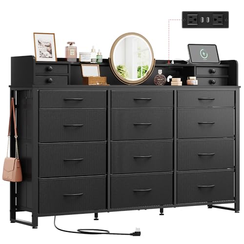WLIVE 55''W Storage Organizer Unit with Charging Station, Black Storage Drawers Organizer with 16 Fabric Drawers & 3 Open Shelves, Large Storage Tower Organizaton for Living Room, Hallway, Office