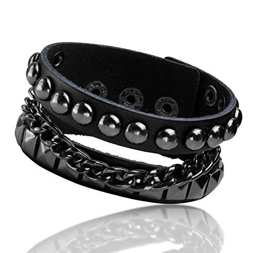 Jjdreams Punk Black Faux Leather Bracelet Vintage Adjustable Rivet Wristband For Men #TOP5