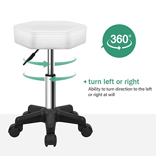 FURWOO Hexagon Rollhocker Höhenverstellbarer Hocker mit Rädern für Spa Salon Massage Weiß