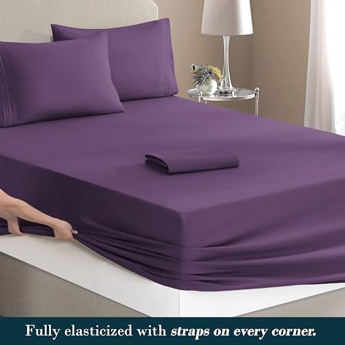 Image of Mocassi Luxury 4-Piece Sheet Set, Ultra Soft 1800 Premium Hotel Quality Microfiber Sheet Set, Fits Mattresses Up to 18 to 24 Inches Extra Deep Pocket - Breathable and Secure Fit, Twin XL, Purple