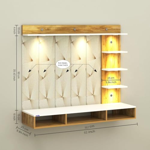 Image of Anikaa Tyron Engineered Wood Wall-Mount TV Unit with PVC Back Panel & LED Lights | TV Cabinet with Storage Box & Decorative Shelves (Gaintwood /White) | Ideal for TVs up to 55 Inch | DIY Installation