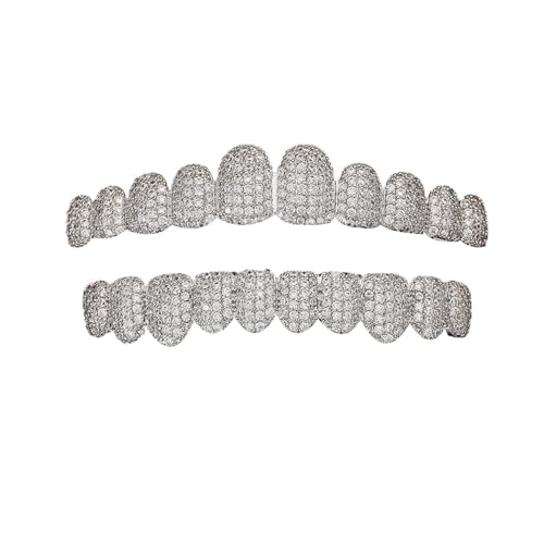 18K Gold Teeth Grillz, Hip Hop Punk Style Plated Iced Out Diamond Top and Bottom, Rapper Fashion Accessories Cosplay(Silver (Style 1))