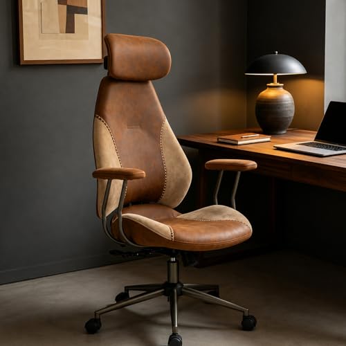 Fabuleux Stylish Suede Fabric Desk Office Chair High Back Ergonomic Chair with 3D Adjustable Headrest Executive Swivel Office Chair for Home Office Bedroom and Study Vintage Brown
