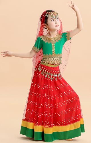 ORIDOOR Belly Dance Dress Girls Indian Bollywood Halloween Costume Chiffon Skirts Shiny Belly Dance Suits 4-Piece Outfit L A-Green + Red, 8-10 Years