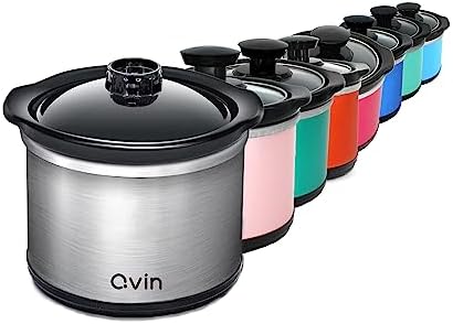 0.65-qt mini Round Slow Cooker, Fondue Melting Pot Warmer with Diswasher-safe Stoneware Crock, Glass Lid, Stainless Steel and black