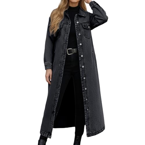 Foweknow Trench en denim pour femme - Élégante - Automne - Hiver - Manteau en jean long - Boutons à revers - Avec poches - Vintage - Veste de loisirs...