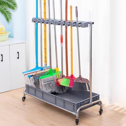 Mopp-Besenhalter, Moppständer aus Edelstahl, Besenhalter-Organizer, beweglicher Schrank, Hausmeisterwagen auf Rädern, Organizer für Reinigungsmittel,