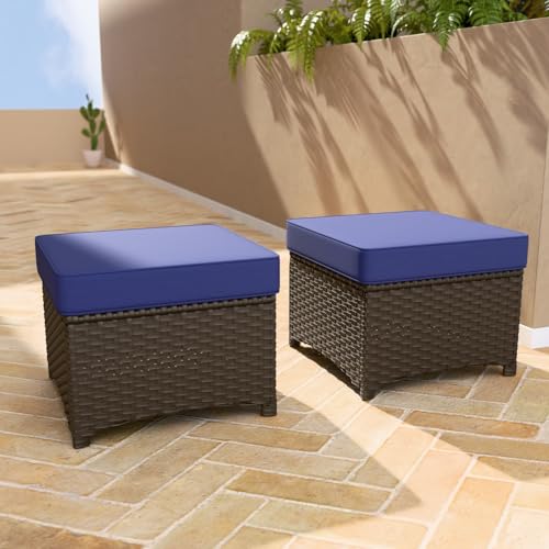 EAGLE PEAK Azure Bay 2 Piece Wicker Patio Ottoman Set Weather-Resistant Cushions for Patio Deck Backyard Poolside, Brown/Blue