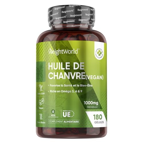 Huile de Chanvre 1000mg, 180 Gélules Pour 6 Mois, Riche en Omega 3 6 9 Avec Acides Gras Essentiels, Omega 3 Vegan Huile Graines de Chanvre Pressées à Froid Avec Vitamine E Sans Arrière Goût