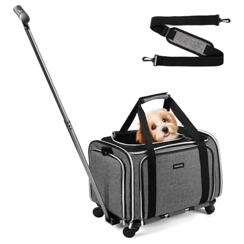 BAGLHER Expandable Pet Carrier Bag with Wheels - Foldable Rolling Airline Approved Soft Side Carrier for Dogs or Cats 5 Sides Open Doors 3 Sides Expandable Cat Carrier with Fleece Pad Grey Cover