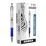 Zebra Pen F-301 Ballpoint Blue Ink Fine Point 0.7mm Pen, Easy-Glide Ink, Stainless Steel Retractable, Non-Slip Grip, Professional Design, Ideal for Office, Journal and Planner Use, 12-Pack (27120)