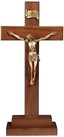 Walnut Wood Gold Corpus Religious 13 Inch Standing Cross Crucifix