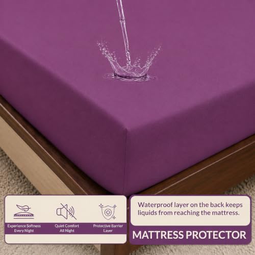 Image of 100% Waterproof Mattress Protector Double Size Bed 48x75 Inch, Non Woven Fabric Fitted Mattress Cover with Elastic, Waterproof Bed Protector, Hypoallergenic, 10 Inch Deep Pocket - Wine Purple