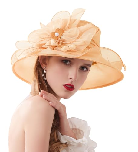 RZTA Women's Kentucky Church Dress Derby Hat Wide Brim Leaf Flower Bridal Shower Hat T1 Orange